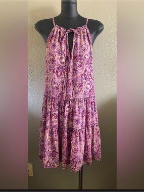 DREW Pink Paisley Tie-Neck Tiered Mini Dress
